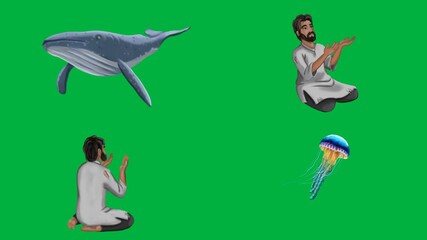 Shark themed 2d animated cartoon animation with person and marine life on green screen chromakey background for sea stories.