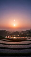 Obraz premium Terraced rice fields reflect the sunset in japan, creating a serene and scenic landscape.
