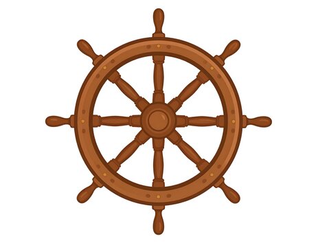 A detailed cartoon illustration of a wooden ship's wheel