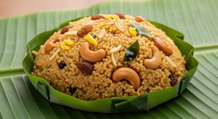 Pongal rice dish served on banana leaf with cashews and raisins, a traditional cuisine.