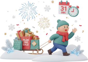 A child in winter attire pulls a sleigh laden with gift bags and presents celebrating year end sales with fireworks and snowflakes Gifts Shopping Celebration