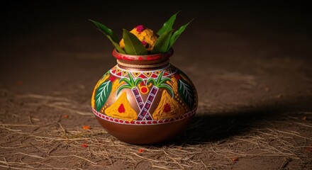 Auspicious decorated kalash with coconut, betel leaves and turmeric powder for puja ceremony.