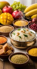 Pongal rice dish with cashews and curry leaves, served with fruits and lentils.