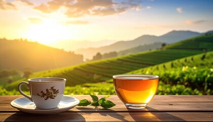 Tea cups on wooden table with sunny mountain vista