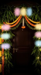 Decorated door with marigold garlands, mango leaves, and fairy lights for indian festival.