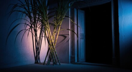 Sugarcane stalks stand near an open doorway, casting shadows on the wall in dim lighting.