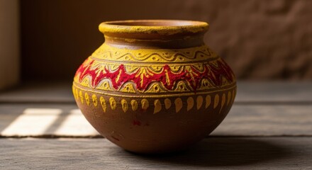 Handmade clay pot with red and yellow traditional pattern on a wooden surface, indoors.