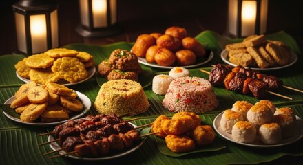 Festive spread of various dishes, including rice, fried plantains and meat skewers.
