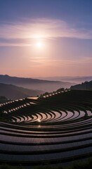 Terraced rice fields reflect the morning sun in guilin, china, landscape agriculture.
