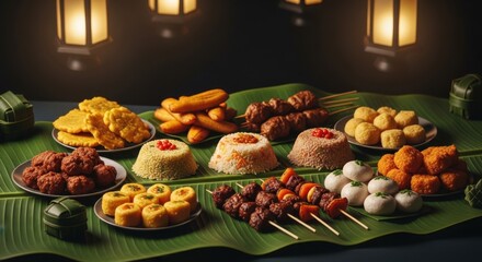Traditional filipino cuisine featuring rice, skewers, and fried snacks on banana leaf.