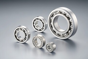 Precisely machined metal ball bearings of various sizes arranged for industrial display