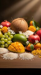 Still life of fresh fruits, mango, coconut, pomegranate, grapes, and tangerines with rice.