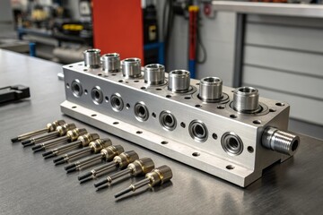 Naklejka premium Precision Machined Metal Manifold Assembly with Multiple Components in Industrial Setting