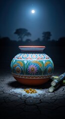 Decorated pot with rice and sugarcane under moonlight for pongal harvest festival.