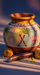 Decorated clay pot with sugarcane and marigold flowers for thai pongal harvest festival.