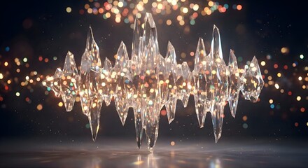 A digital sound wave rendered as a towering, translucent crystal formation, its peaks and troughs catching bokeh lights. 
