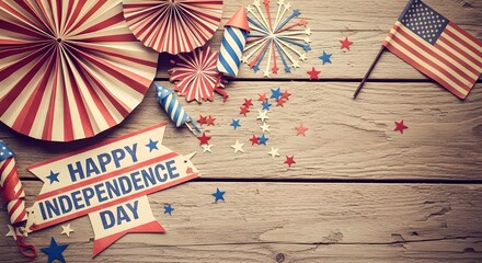 Fototapeta premium Festive display of american independence day decorations and symbols on a rustic wooden background