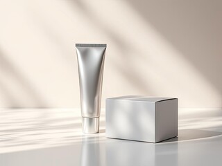Cosmetic tube and box sit against a wall with sunlight shadows