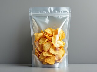 Clear pouch filled with golden potato crisps against a gray backdrop