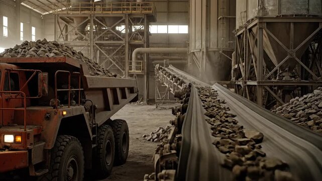 Industrial Mining Facility with Conveyor Belts and Heavy Machinery in Action