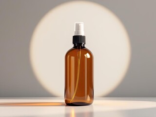 Amber glass spray bottle on a white surface with a circular light