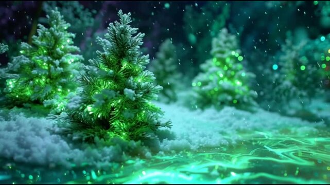 Snow-covered evergreen trees glisten in a serene winter forest landscape devoid of sound