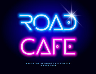 Vector Neon board Road Cafe. Glowing Modern Font. Electric Alphabet Letters and Numbers