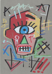 Neo Expressionist Abstract Mask Drawing with Big Blue Eye and Street Art Elements