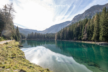 Summer time at romantic forest Lake Obernberg scenic mountain lakes landscape in Austria, Tyrol