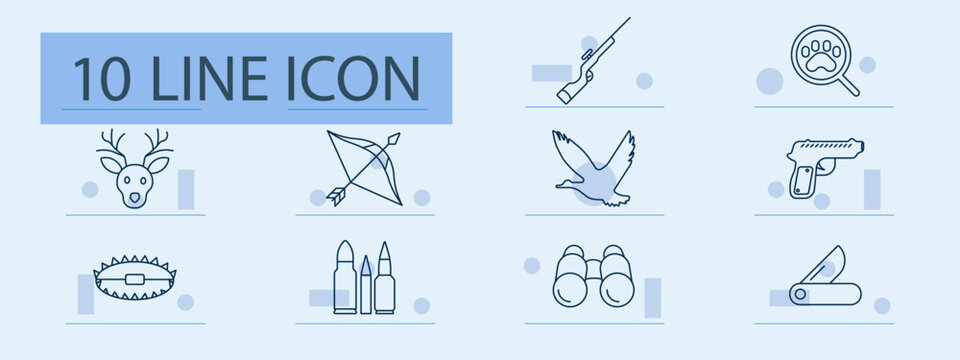 Hunting set icon. Line icons with deer, bear trap, rifle, bow, bullet, knife, bird, dog print, binoculars, pistol