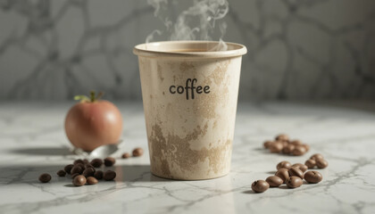 Steaming cup of coffee sits on marble surface, surrounded by coffee beans and small apple, creating cozy and inviting atmosphere