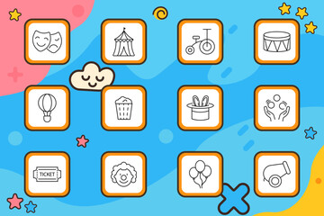 Circus set icon. Masks, tent, tricycle, drum, balloon, popcorn, magician hat, juggling, clown, ticket, cannon, show. Festival, entertainment, event, performance, fun.