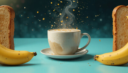 Steaming cup of coffee surrounded by slices of bread and bananas on blue surface, with sprinkle of golden particles creating magical atmosphere