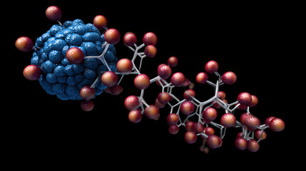 Microscopic visualization of a blue viral cell attached to a complex molecular chain of red spheres. Scientific 3D illustration of pathogens, nanotechnology, or biological DNA structures