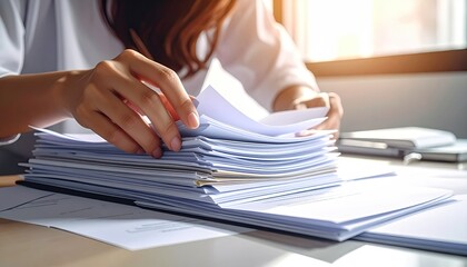 Person sorting through a large stack of paperwork at a desk