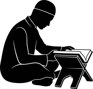 Reading Quran Silhouette Vector. Muslim Man Reciting Holy Book on Rehal Stand for Ramadan Tadarus