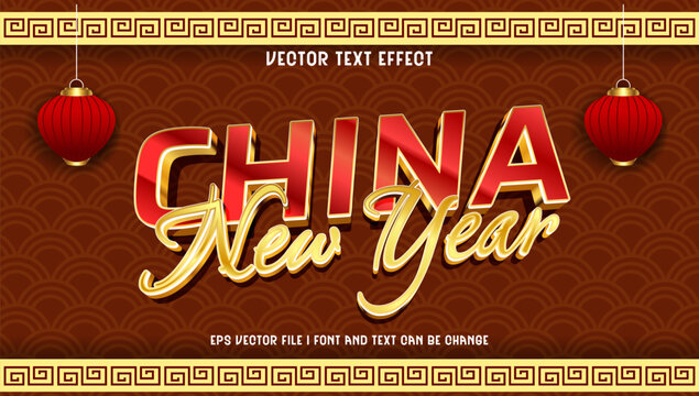 Editable vector text effect for a vibrant Chinese New Year, showcasing golden and red lettering, traditional lanterns, and oriental patterns for festive greetings