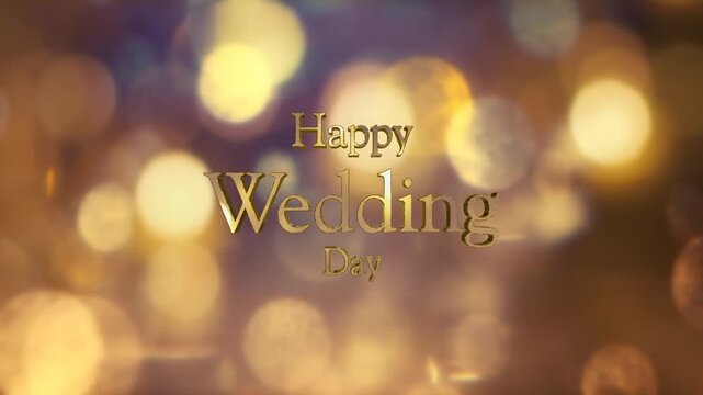 結婚式の背景　キラキラ輝くキャンドルの光の丸ボケにHappy Wedding Dayの3dテキスト　光を反射する文字の表面　ウエディング・オープニング・タイトル・お祝いの背景