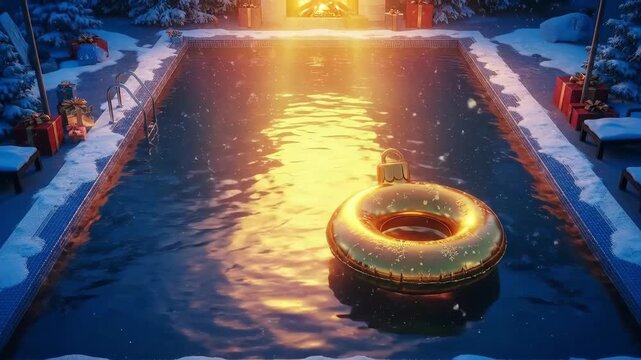 Golden Christmas ornament inflatable ring floating in a magical, glowing swimming pool surrounded by snow and gifts. Winter holiday season.
