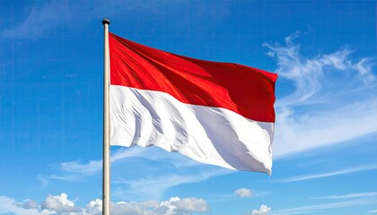 A flag with horizontal red and white stripes waves against a cloudy blue sky