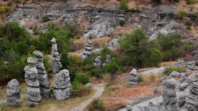 Scenic view of the Stone Dolls in Stone town of Kuklica. Kuklici. North Macedonia. High quality 4k footage