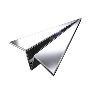 Silver paper plane with reflective surface on white background isolated on transparent background