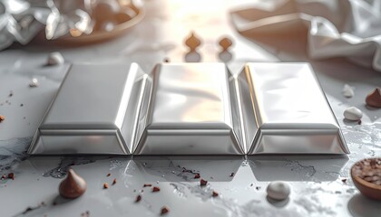 Three silver bars shine on a marble surface with chocolates