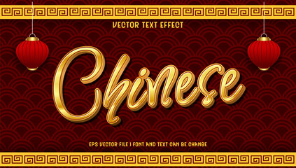 Naklejka premium Festive Golden Chinese Text Effect with Traditional Lanterns and Decorative Border, Editable Vector Typography Design for Cultural Celebrations, Oriental Events, and Holiday Greetings
