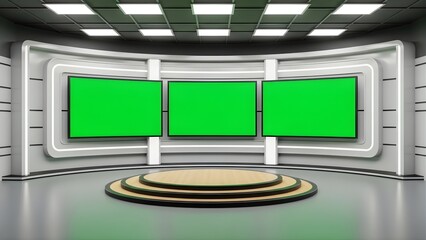 Futuristic News Studio with Triple Green Screen Panels: Virtual Broadcast Set Mockup