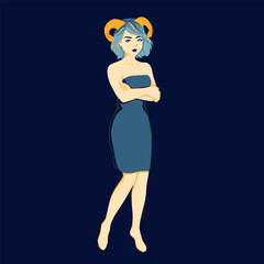 A cute girl in a dress with golden ram horns on her head. Zodiac sign: Aries. Vector illustration.