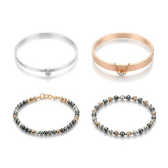 Elegant bracelet set with silver and gold bangles and beaded jewelry, minimal luxury accessories isolated for fashion design, modern women jewelry collection