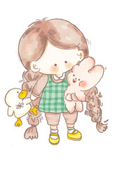  little girl with a doll, Watercolor family girl, draw farmer, cute family , element family