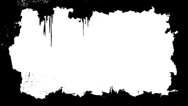 A white paint splatter on a black frame background, a white square with a black border, rectangular frame black frame copy space banner