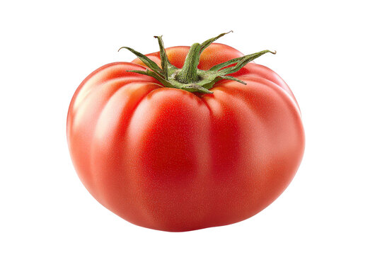Vibrant red ripe beefsteak tomato with green stem and natural texture isolated on transparent background